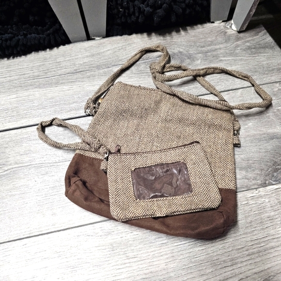 EUC 3-Piece Set Crossbody Wristlet Wallet Change Purse Pouch Herringbone Brown - Picture 3 of 14